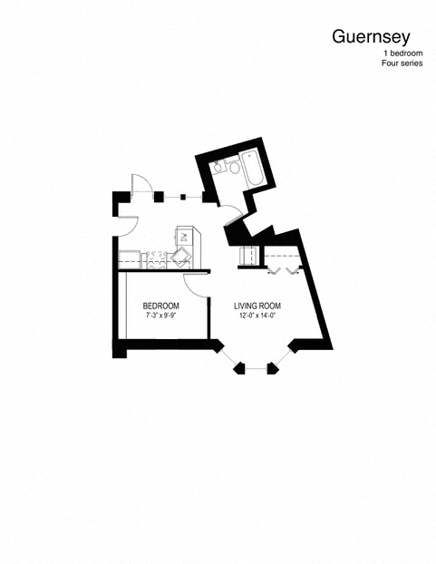 Floor plan for 1 bed, 1 bath, 421 sqft
